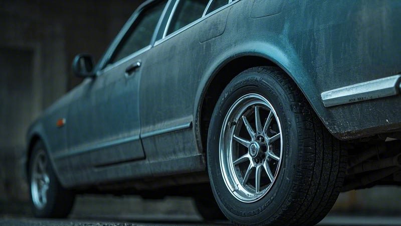 Close-up of car tires showing signs of wear or alignment issues