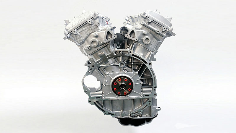 Side view of Toyota 1GR-FE V6 engine showing V-shaped design.