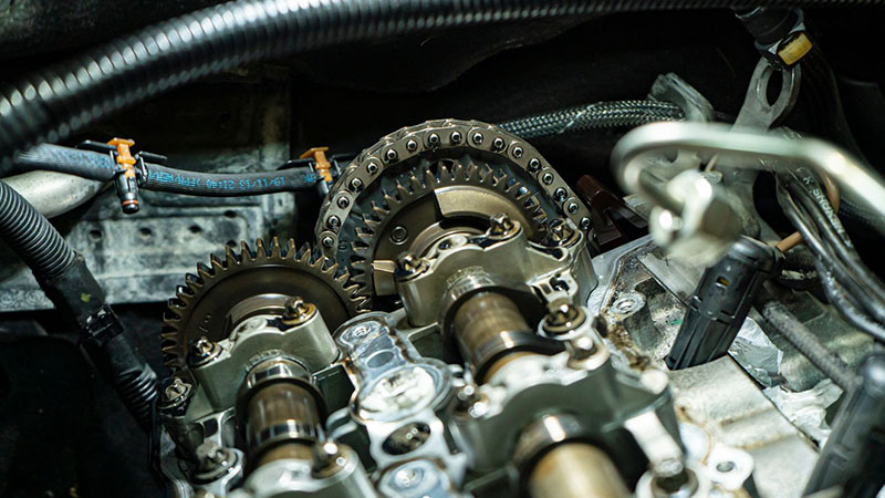 Close-up of engine timing chain and sprockets.
