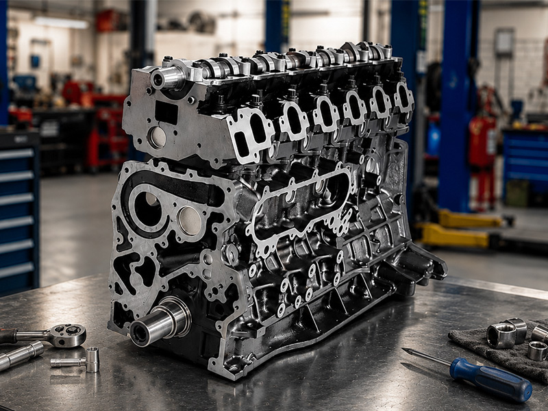 1HZ long block engine displayed on a workshop bench with mechanic tools in the background.