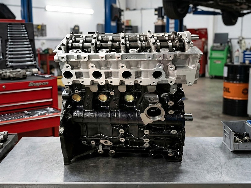 Toyota 1KD-FTV long block diesel engine on workshop bench.