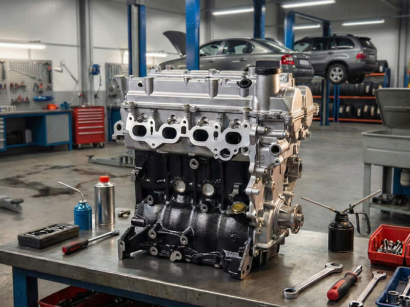 Toyota 3SZ long-block engine assembled inside a workshop.