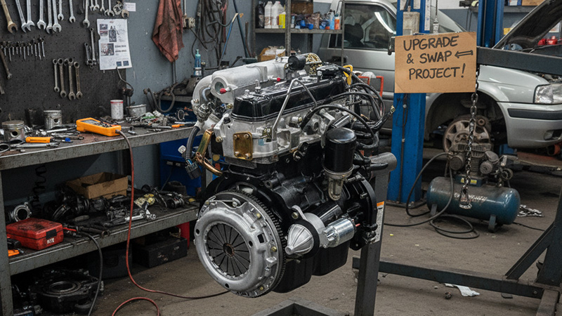 Primer plano de un motor Toyota 4Y preparado para la actualización y la instalación del intercambio de motor.