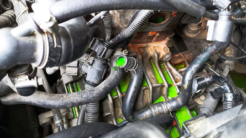 Green engine coolant leaking from a vehicle radiator during cooling system inspection or repair.