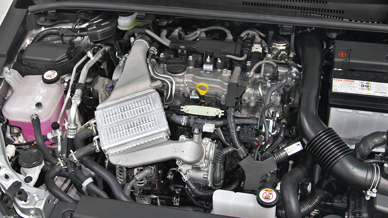 Close-up of a Toyota Corolla Sport 8NR-FTS turbo engine inside the engine bay.