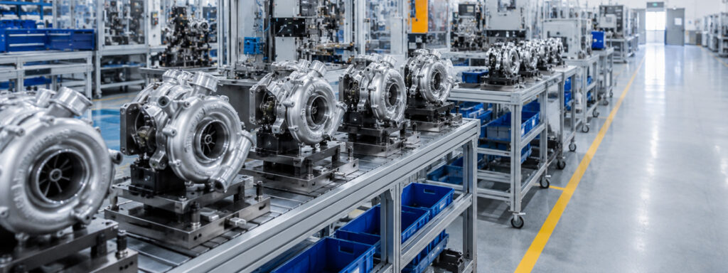 Rows of turbochargers on a clean factory production line with precision assembly and testing equipment