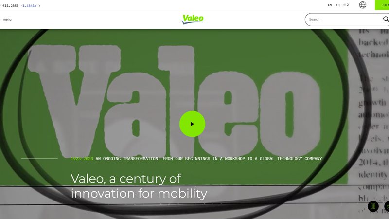 Screenshot of Valeo's official website, showcasing their products and services in automotive parts manufacturing.