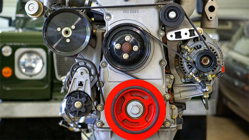 Close-up view of a grey and black car engine with visible mechanical components.