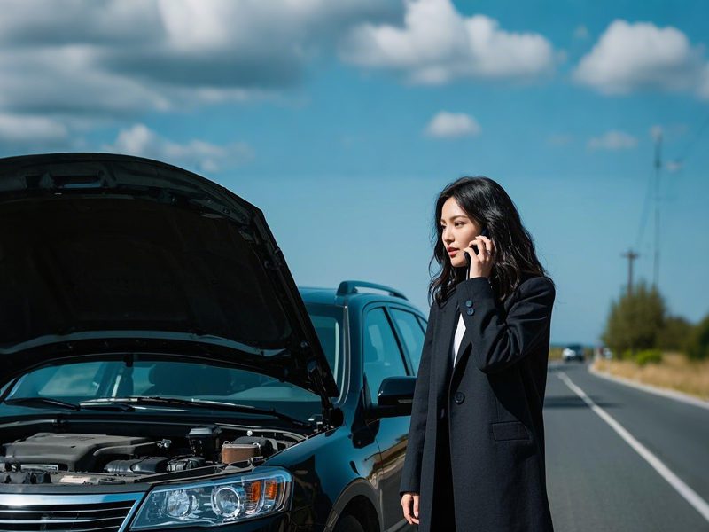 Woman calling for roadside assistance next to a broken-down car with the engine hood open
