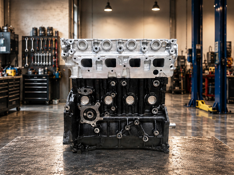 Nissan YD25 long block diesel engine displayed on a workbench in an automotive workshop.