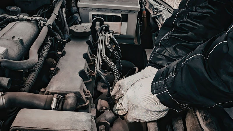 Mechanic inspecting and repairing a Nissan diesel engine in a workshop.