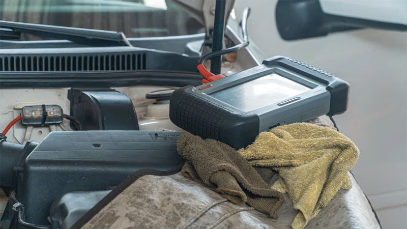 Diagnosing P0300 code using diagnostic tools to troubleshoot and repair engine misfire issues.