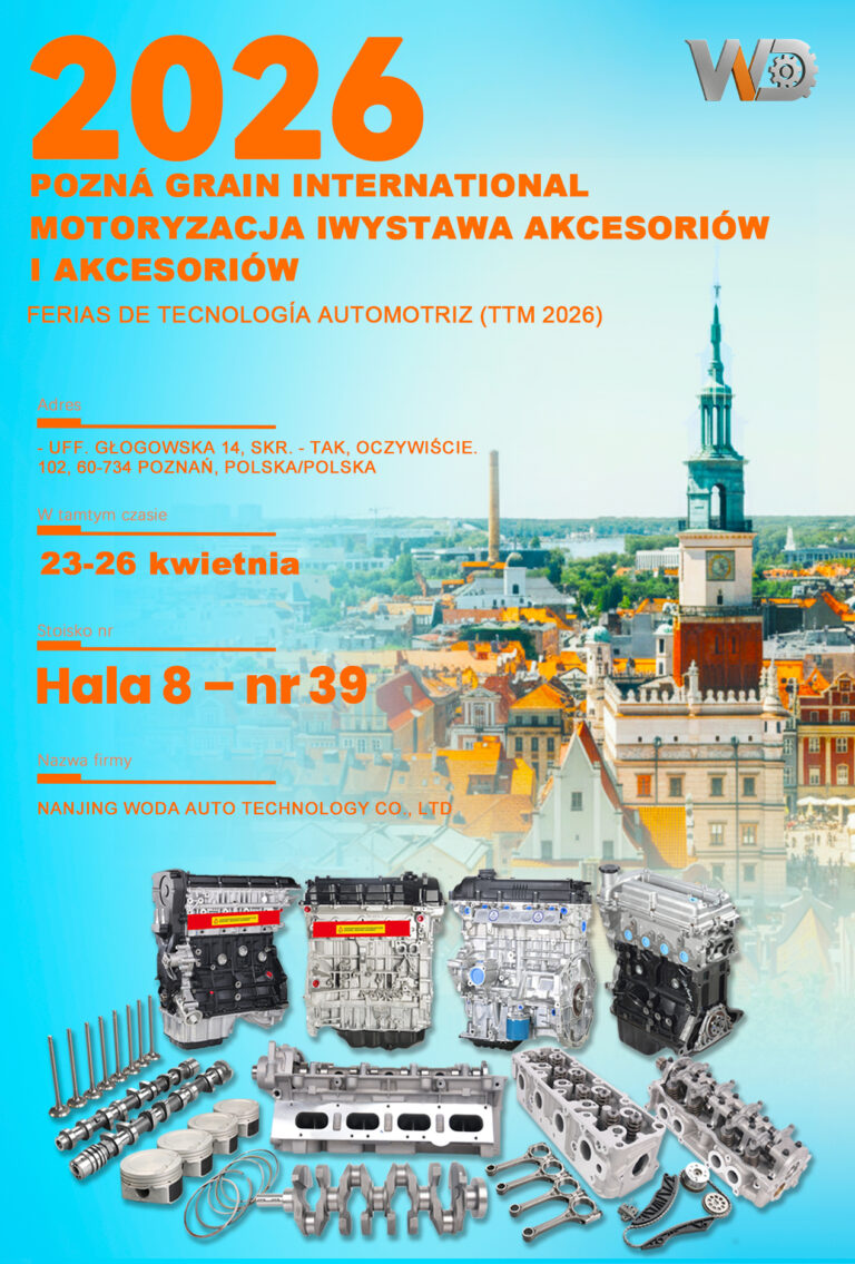Woda Auto at TTM 2026 Poznań automotive exhibition poster with engine parts display.