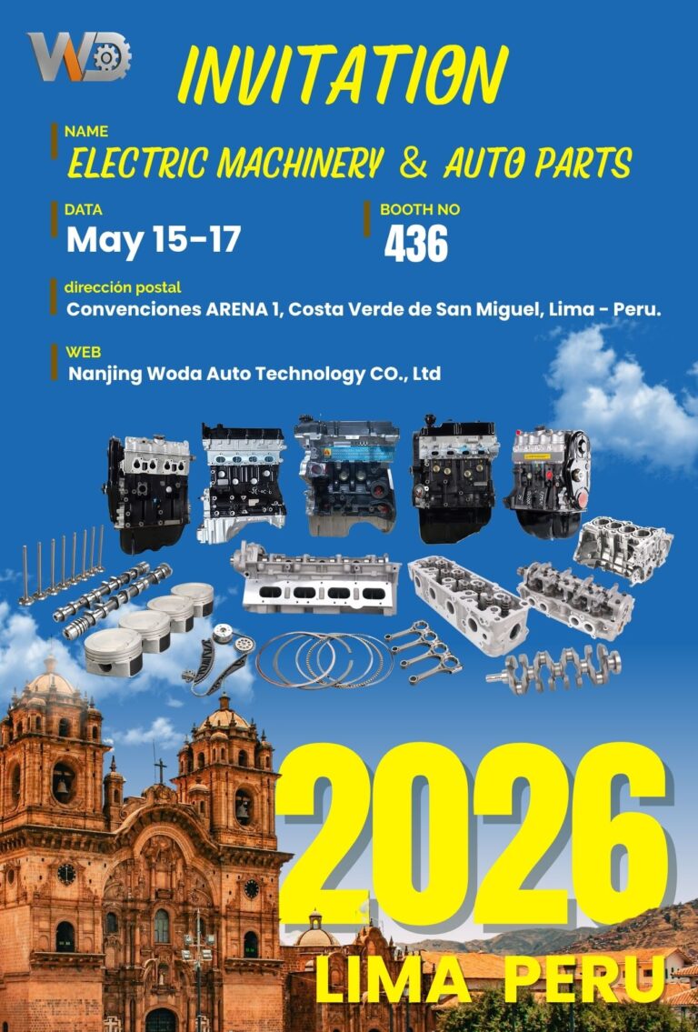 Auto parts exhibition invitation poster for Nanjing Woda at Lima Peru 2026, showcasing engines, cylinder heads, crankshafts and engine components, booth 436.